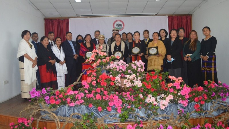 Recipients of the NSCW Award 2021 with Chief Secretary, J Alam, IAS; DGP, T John Longkumer, IPS, and senior government officials on the occasion of International Women’s Day at Hotel Vivor, Kohima on March 8. (DIPR Photo)